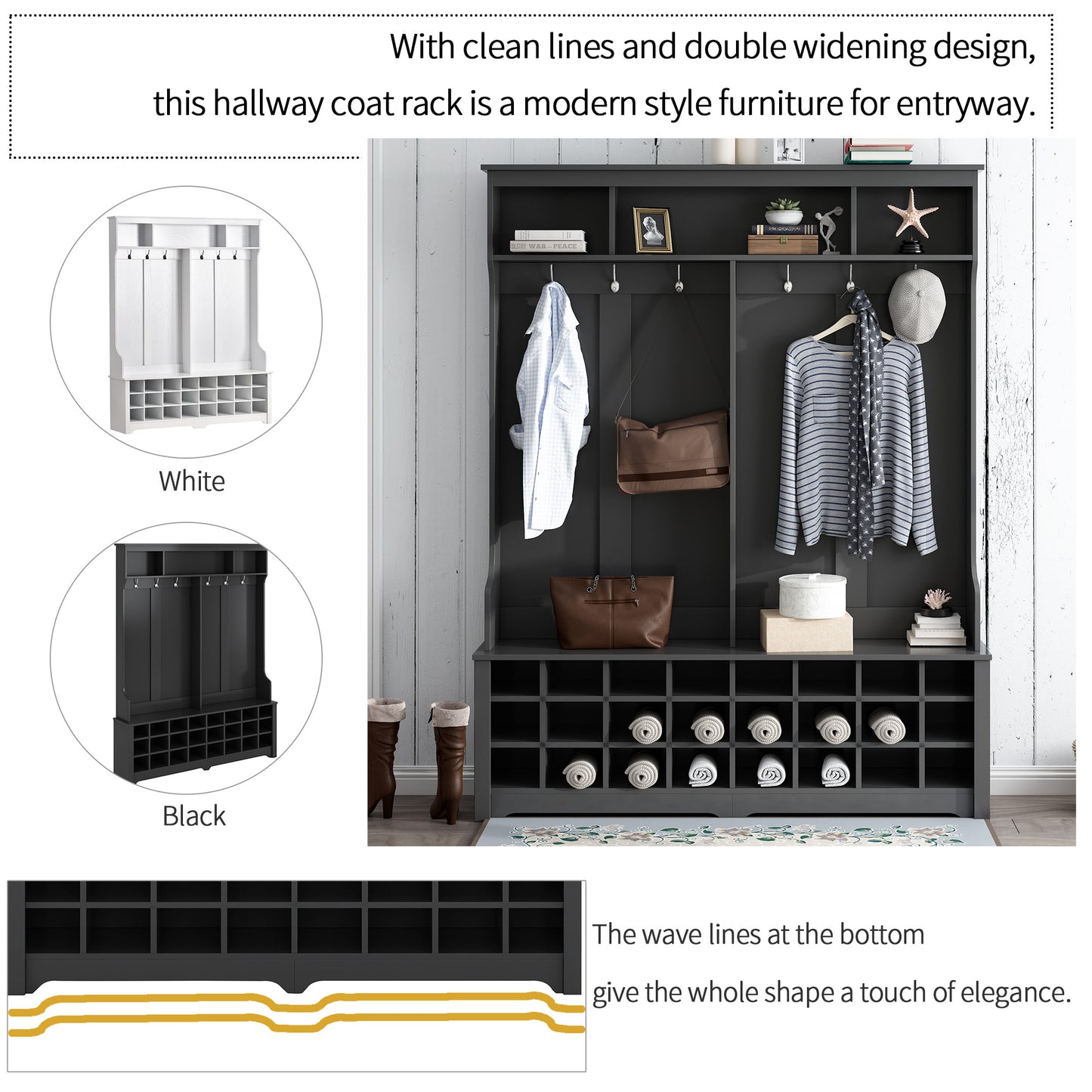 ON-TREND Modern Style Multiple Functions Hallway Coat Rack with Metal Black Hooks, Entryway Bench 60" Wide Hall Tree with Ample Storage Space and 24 Shoe Cubbies , Black (OLD SKU: WF286983AAB )