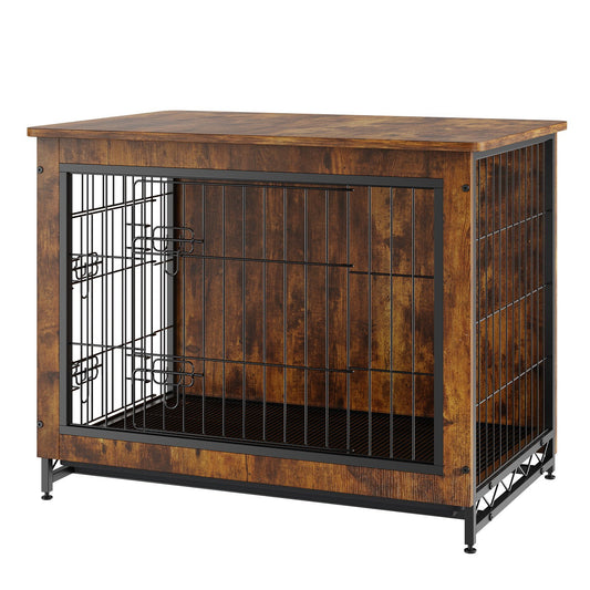 Dog Crate Furniture, 32 inch Wooden Dog Crate with Double Doors, Heavy-Duty Dog Cage End Table with Multi-Purpose Removable Tray, Modern Dog Kennel Indoor for Dogs up to 45lb, Rustic Brown