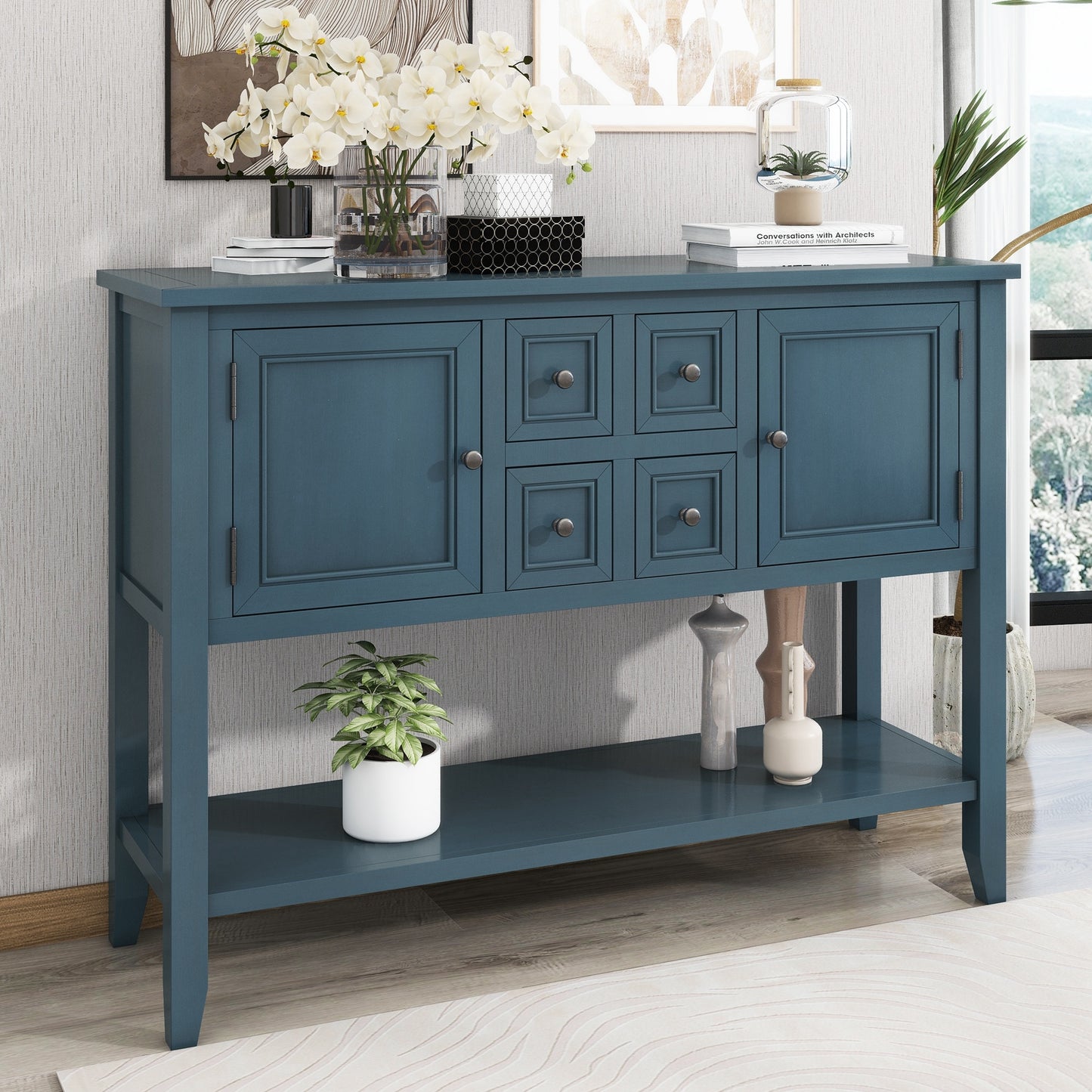 TREXM Cambridge Series Ample Storage Vintage Console Table with Four Small Drawers and Bottom Shelf for Living Rooms, Entrances and Kitchens (Light Navy, OLD SKU: WF190263AAH)