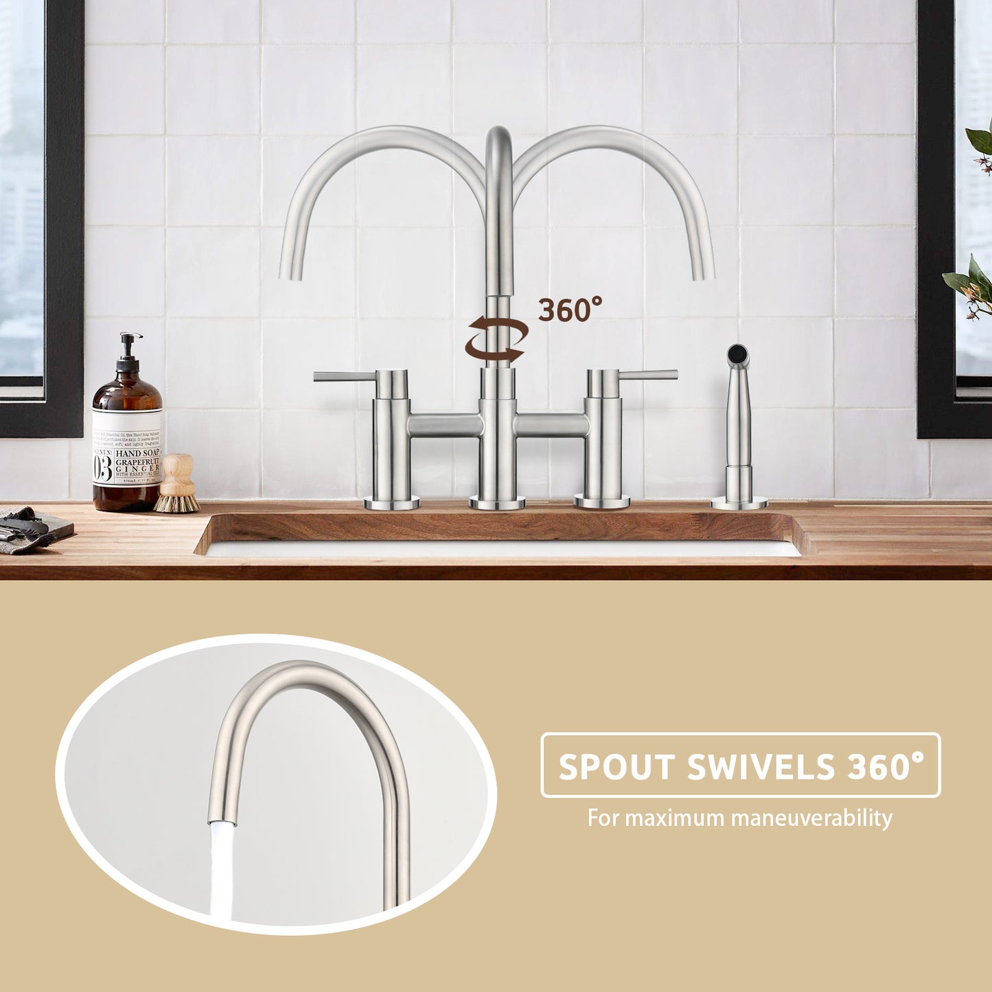 A|M Aquae Double Handle Bridge Kitchen Faucet with Side Spray