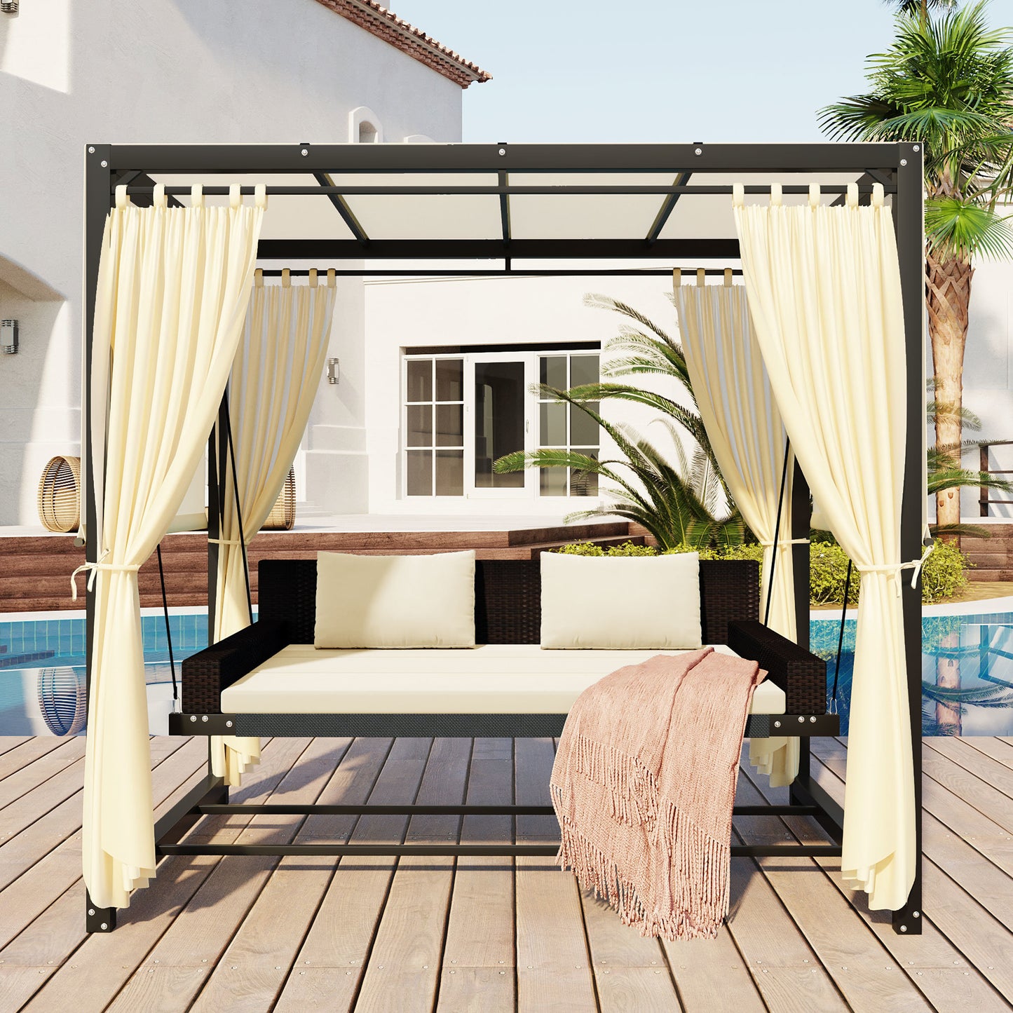 [VIDEO provided]U_Style 2-3 People Outdoor Swing Bed; Adjustable Curtains; Suitable For Balconies;  Gardens And Other Places