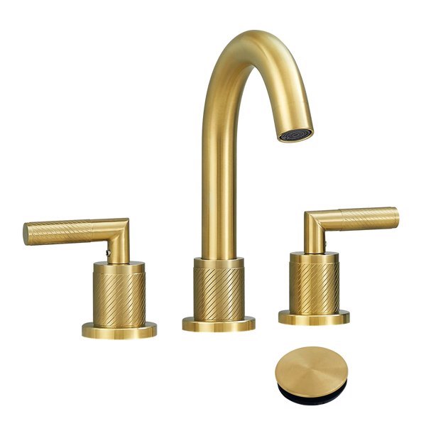 AvaMalis A|M Aquae Gold Bathroom Faucet 2 Handle 8 Inch Bathroom Sink Faucets Stainless Steel 3 Hole Widespread with Pop Up Drain and Water Supply Hoses, Brushed Gold