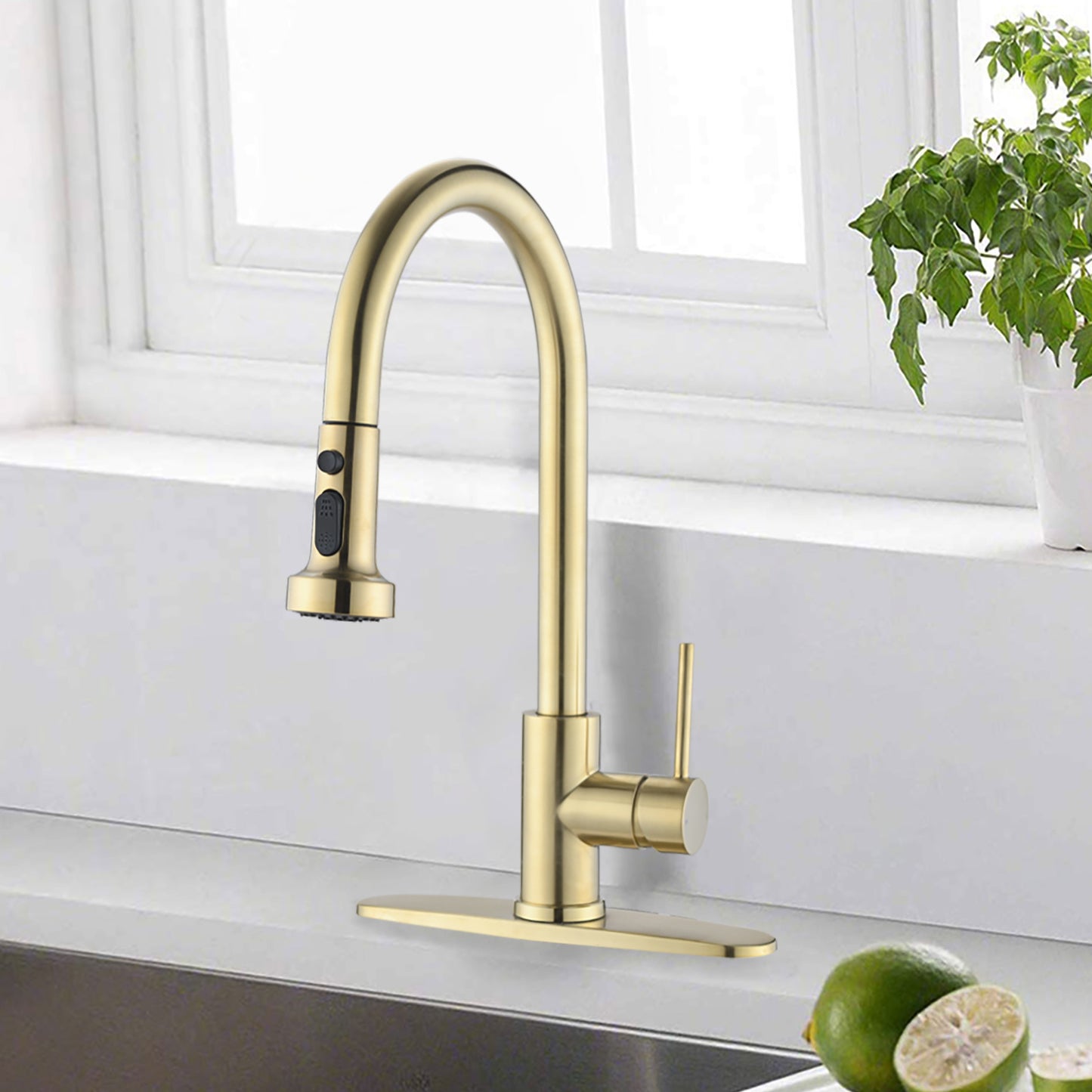 Stainless Steel Pull Down Kitchen Faucet with Soap Dispenser Brushed Gold