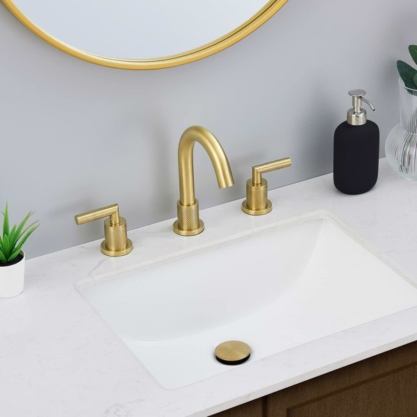 AvaMalis A|M Aquae Gold Bathroom Faucet 2 Handle 8 Inch Bathroom Sink Faucets Stainless Steel 3 Hole Widespread with Pop Up Drain and Water Supply Hoses, Brushed Gold