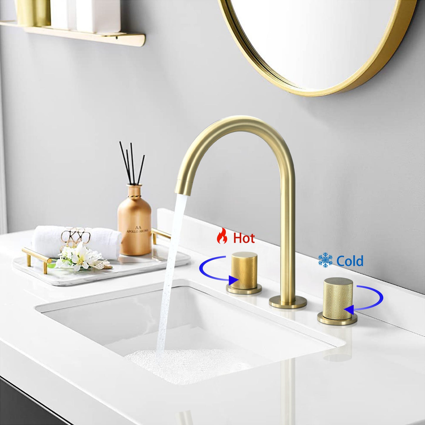 AvaMalis A|M Aquae Two Handles Widespread 8 Inch Bathroom Faucet, Brushed Golden