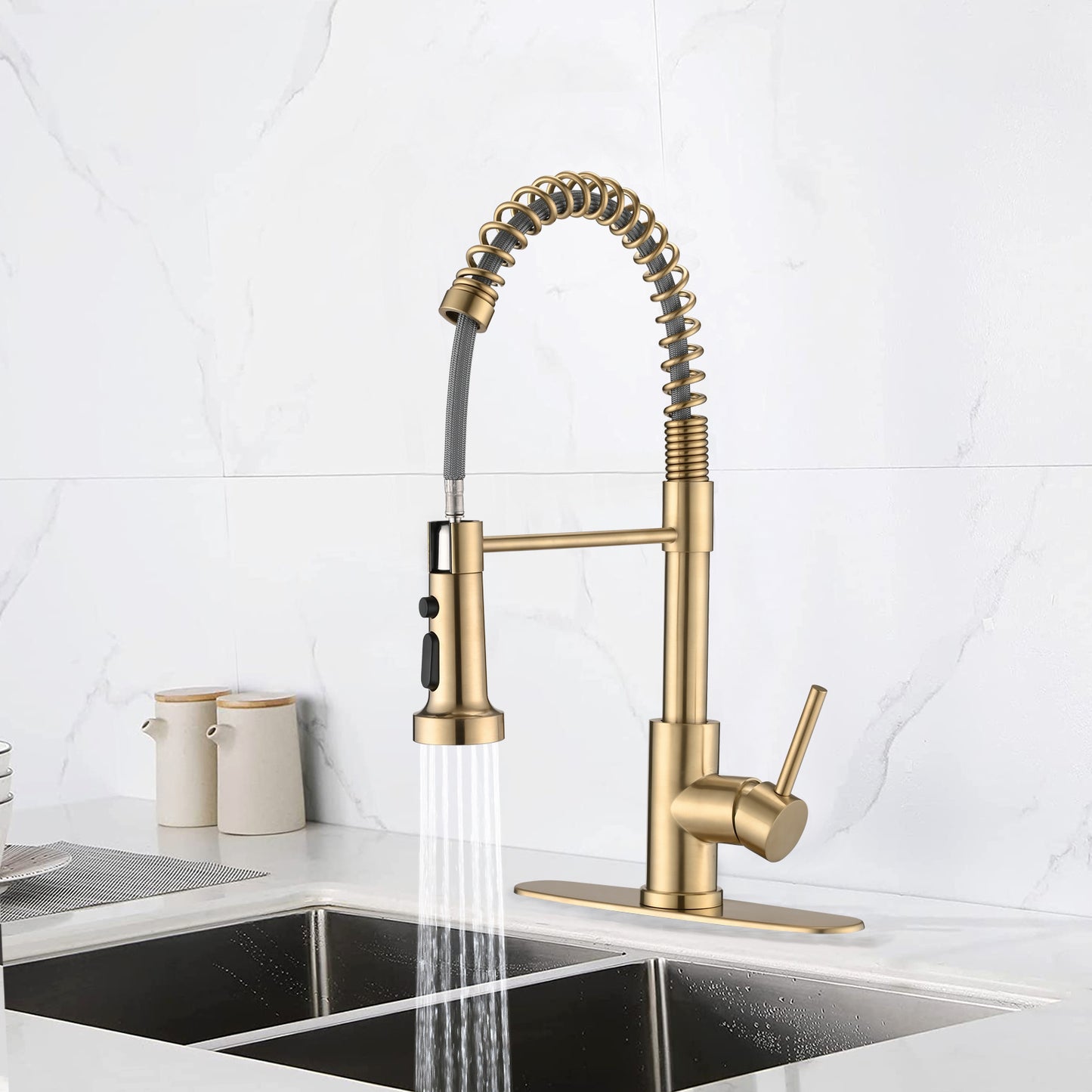 AvaMalis A|M Aquae Pull Down Sprayer Spring Kitchen Sink Faucet Brushed Gold