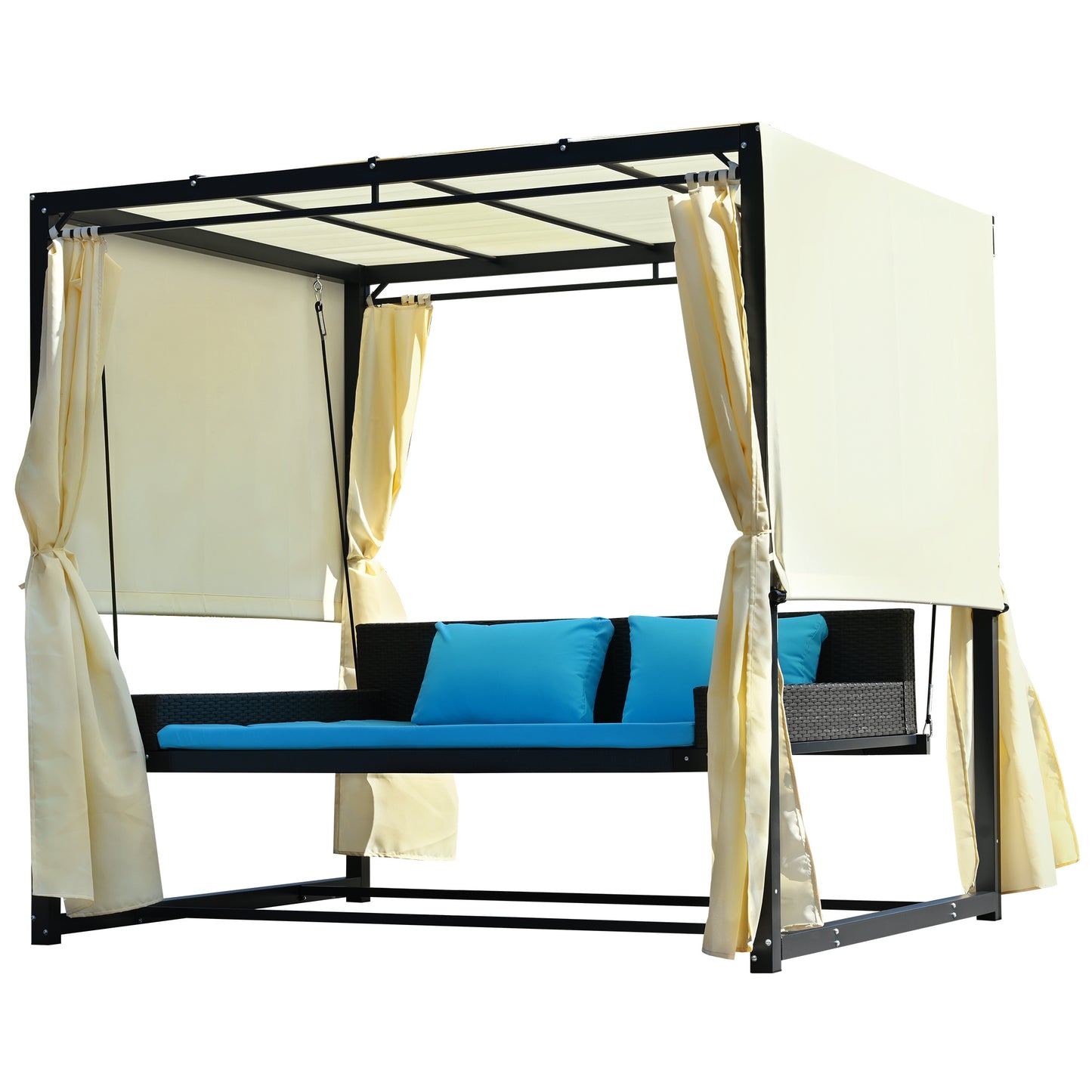 [VIDEO provided]U_Style 2-3 People Outdoor Swing Bed; Adjustable Curtains; Suitable For Balconies;  Gardens And Other Places