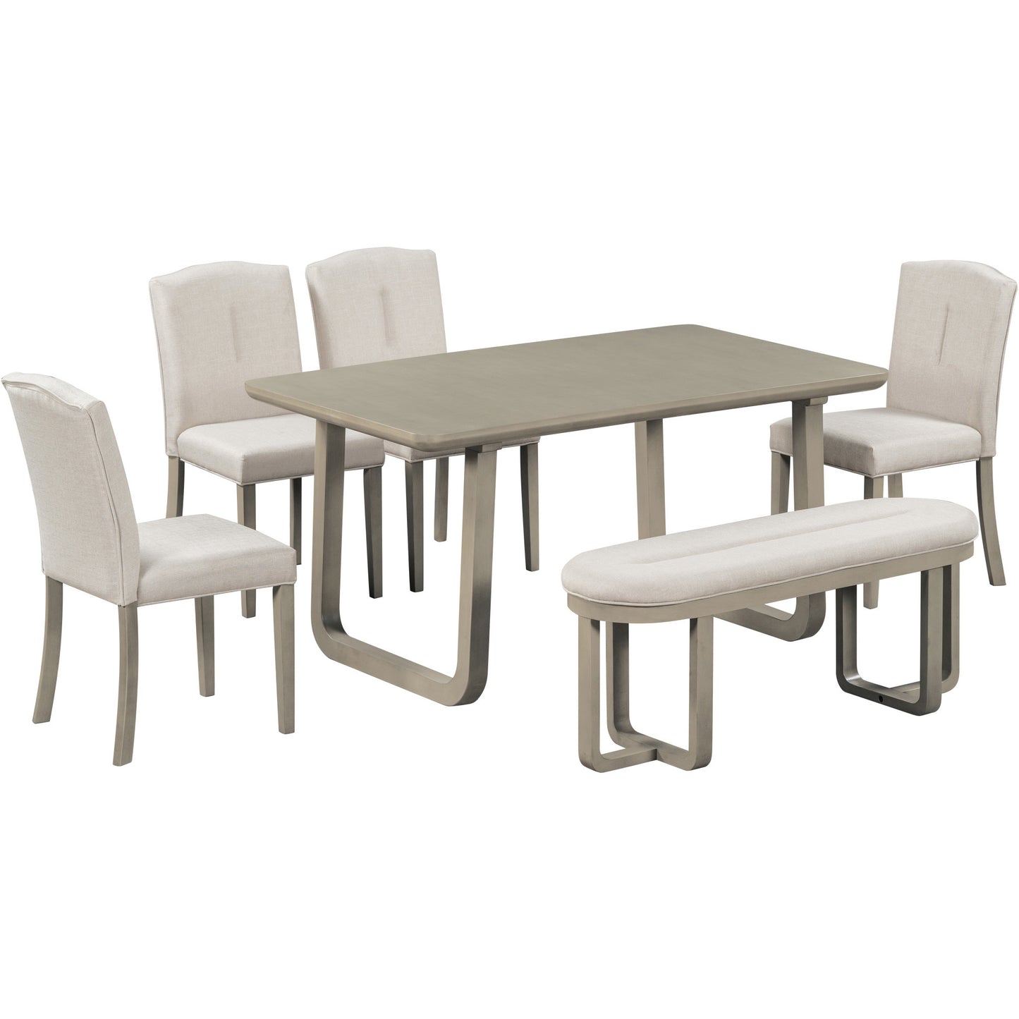 6-Piece Retro-Style Dining Set Includes Dining Table, 4 Upholstered Chairs & Bench with Foam-covered Seat Backs & Cushions for Dining Room (Light Khaki+Beige)