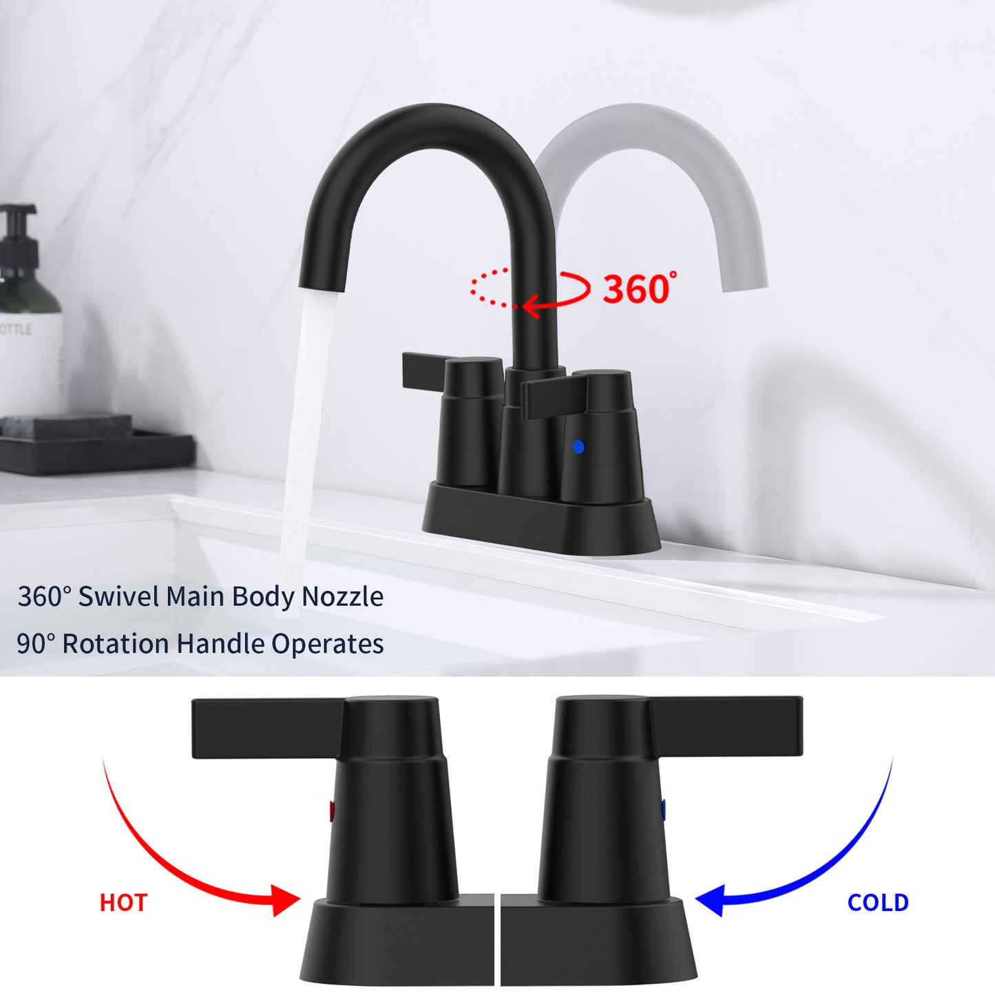 AvaMalis A|M Aquae Matt Black 2-Handle Bathroom Sink Faucet 360 Degree High Arc Swivel Spout