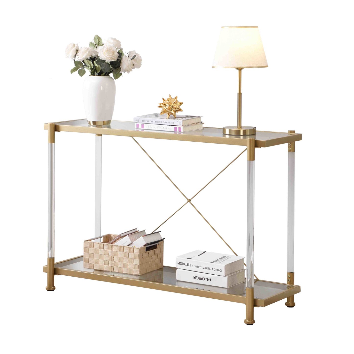 43.31'' Golden Glass Sofa Table, Acrylic Side Table, Console Table for Living Roome& Bedroom