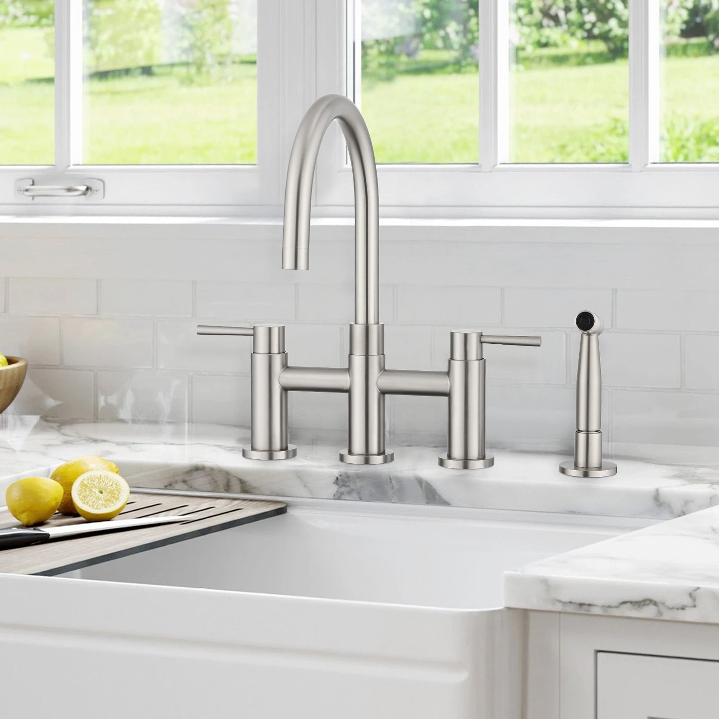 A|M Aquae Double Handle Bridge Kitchen Faucet with Side Spray