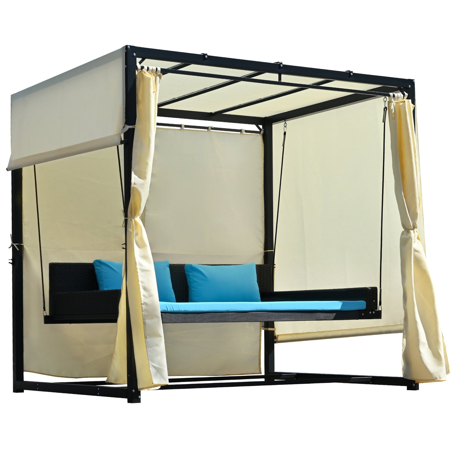 [VIDEO provided]U_Style 2-3 People Outdoor Swing Bed; Adjustable Curtains; Suitable For Balconies;  Gardens And Other Places