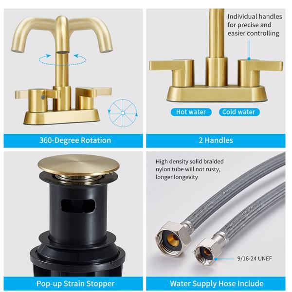 AvaMalis A|M Aquae Bathroom Faucet 2 Handle 4 Inch Centered Bathroom Sink Faucets 3 Hole with Pop Up Drain and Water Supply Lines, Brushed Gold