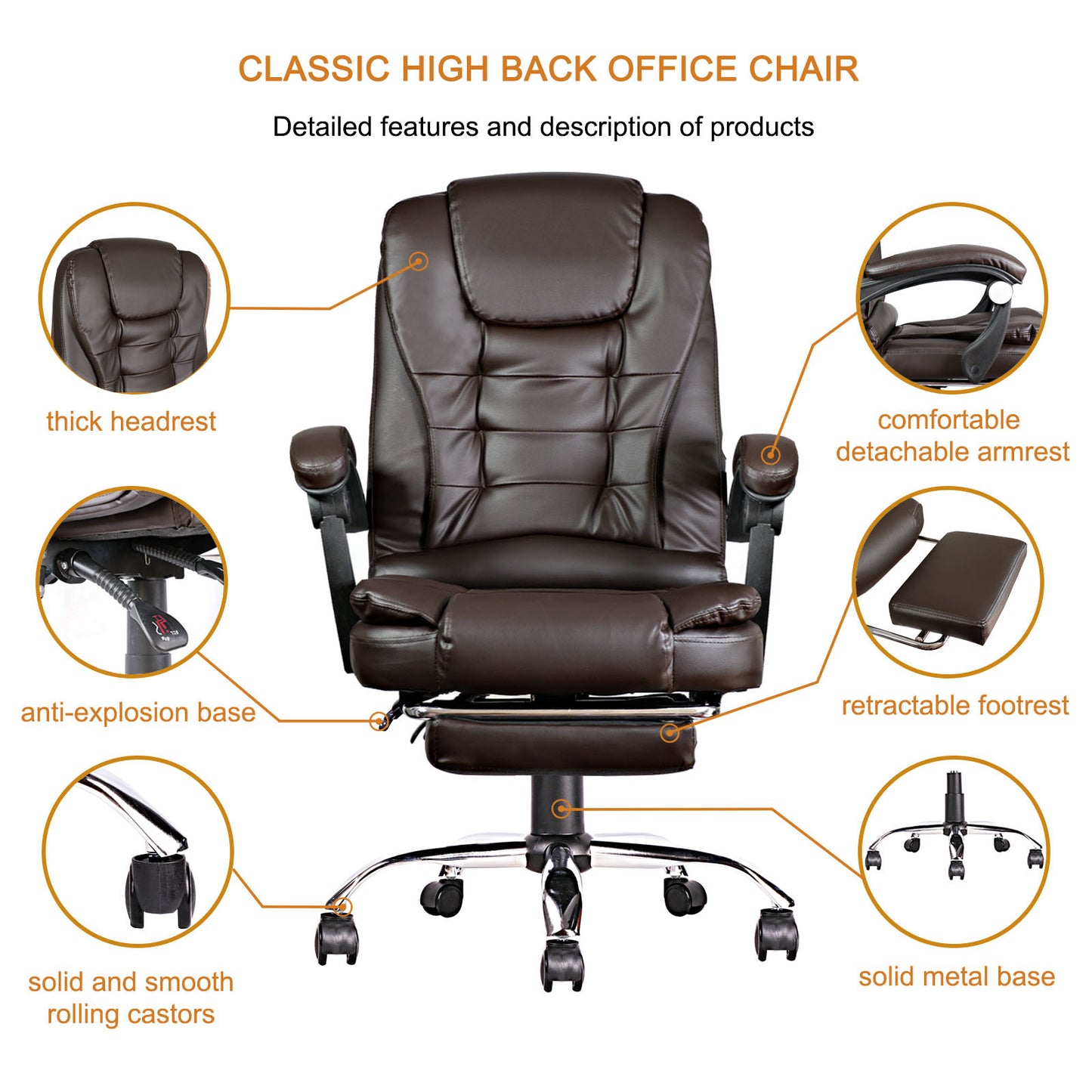 High Back Office Chair, Adjustable Ergonomic Office Chair, Executive PU Leather Swivel Work Chair with Lumbar Support, Computer Desk Chair with Footrest for Home Office Furniture