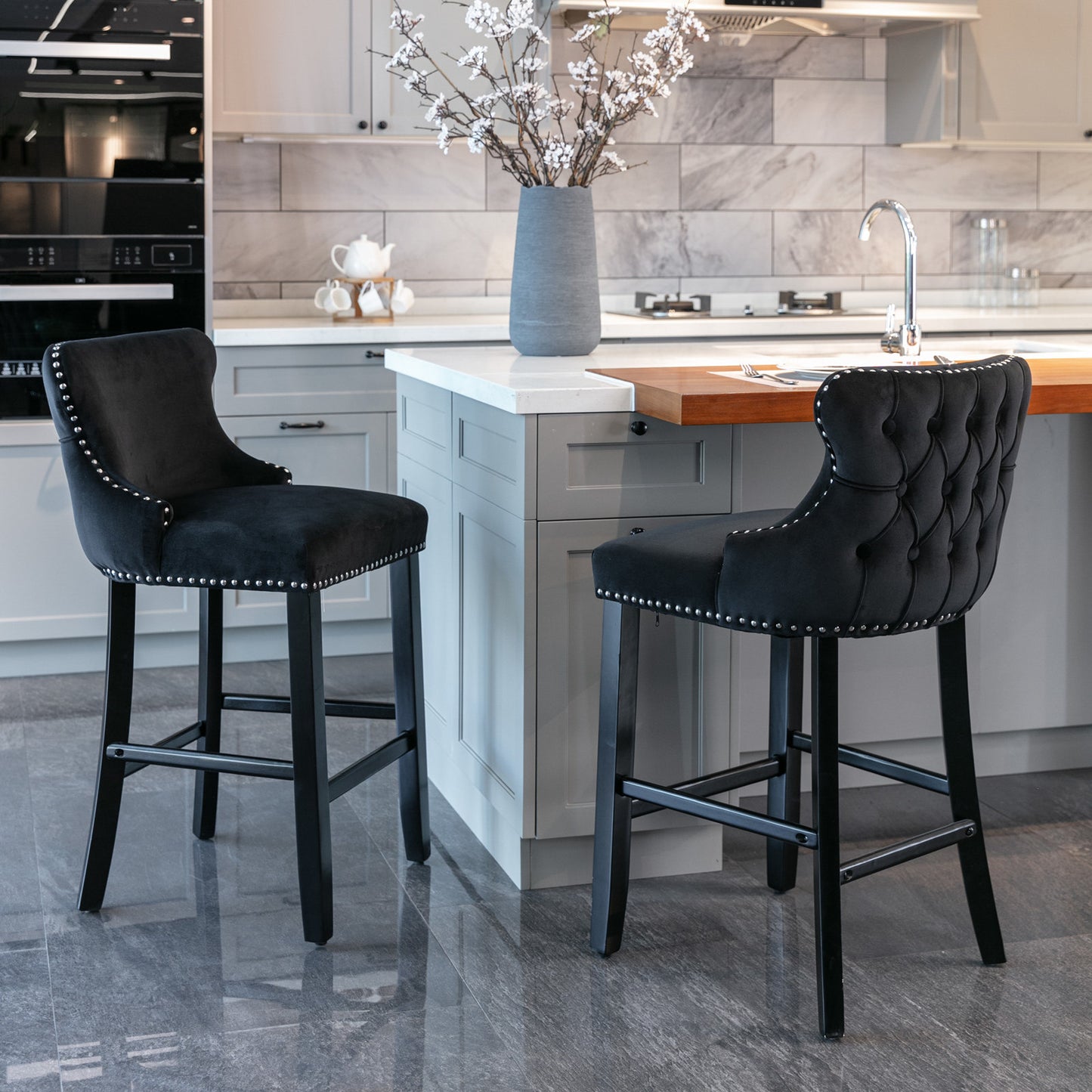 A&A Furniture,Contemporary Velvet Upholstered Wing-Back Barstools with Button Tufted Decoration and Wooden Legs, and Chrome Nailhead Trim, Leisure Style Bar Chairs,Bar stools,Set of 2 (Black),SW1824BK