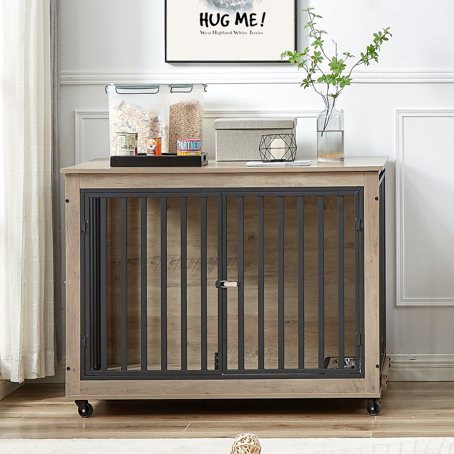 Furniture Style Dog Crate Side Table With Feeding Bowl, Wheels, Three Doors, Flip-Up Top Opening. Indoor, Grey, 43.7"W x 30"D x 33.7"H