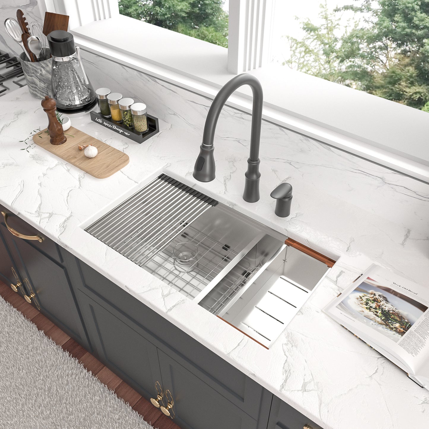 Lordear 33 Inch Undermount Workstation Sink Double Bowl 16 Gauge Stainless Steel Low Divide Kitchen Sink