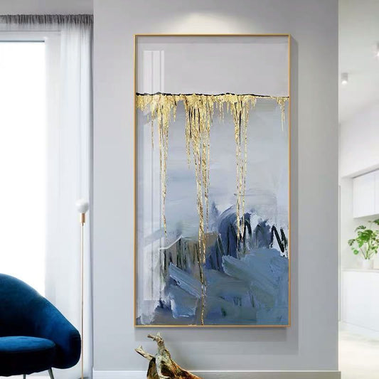 Handmade Gold Foil Abstract Oil Painting Top Selling Wall Art Modern Blue Color Picture Canvas Home Decor For Living Room No Frame