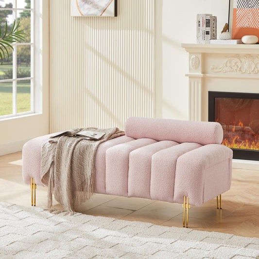 Modern End of Bed Bench Upholstered Teddy Entryway Ottoman Bench Fuzzy Sofa Stool Footrest Window Bench with Gold Metal Legs for Bedroom Apartments