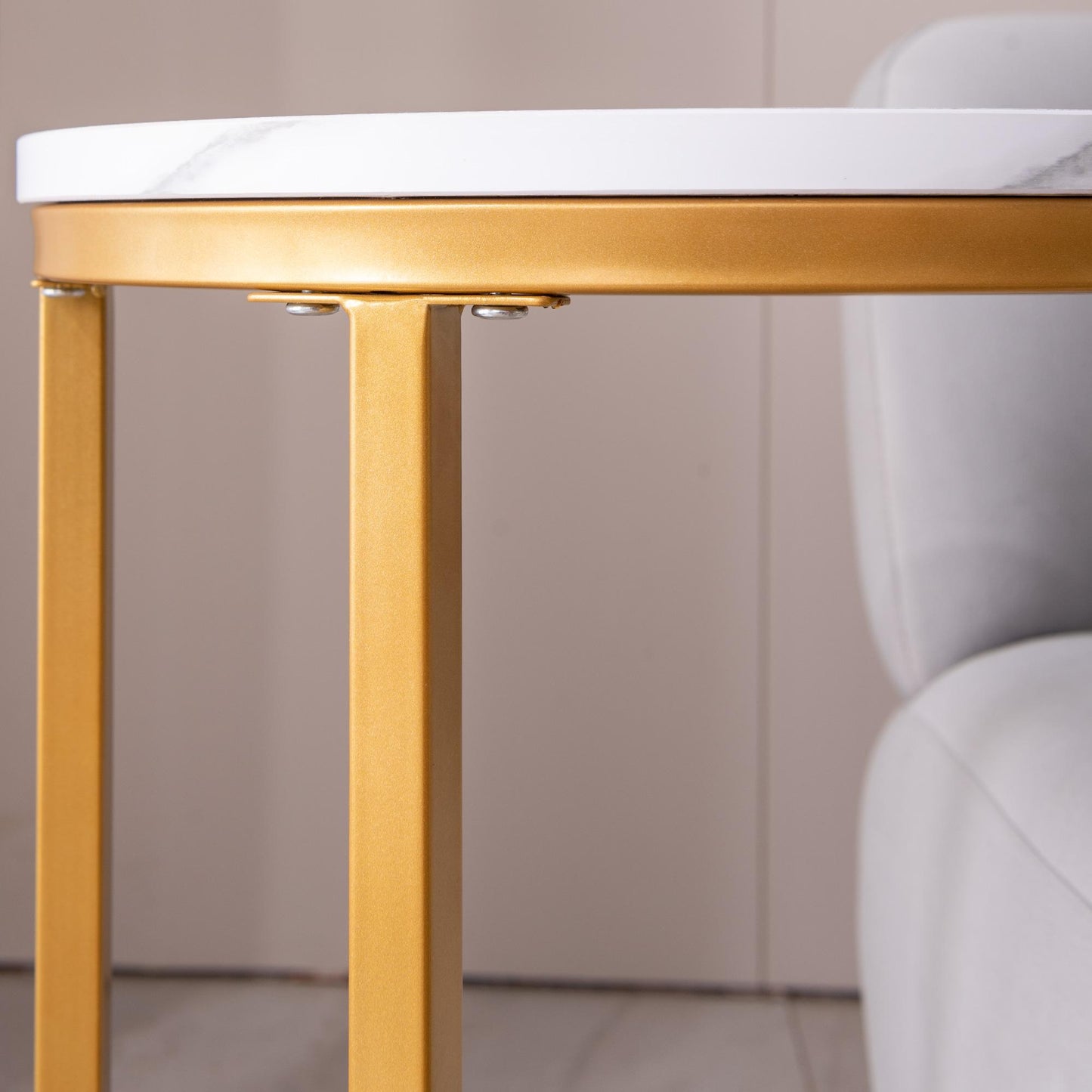 Modern C-shaped end/side table,Golden metal frame with round marble color top-15.75”