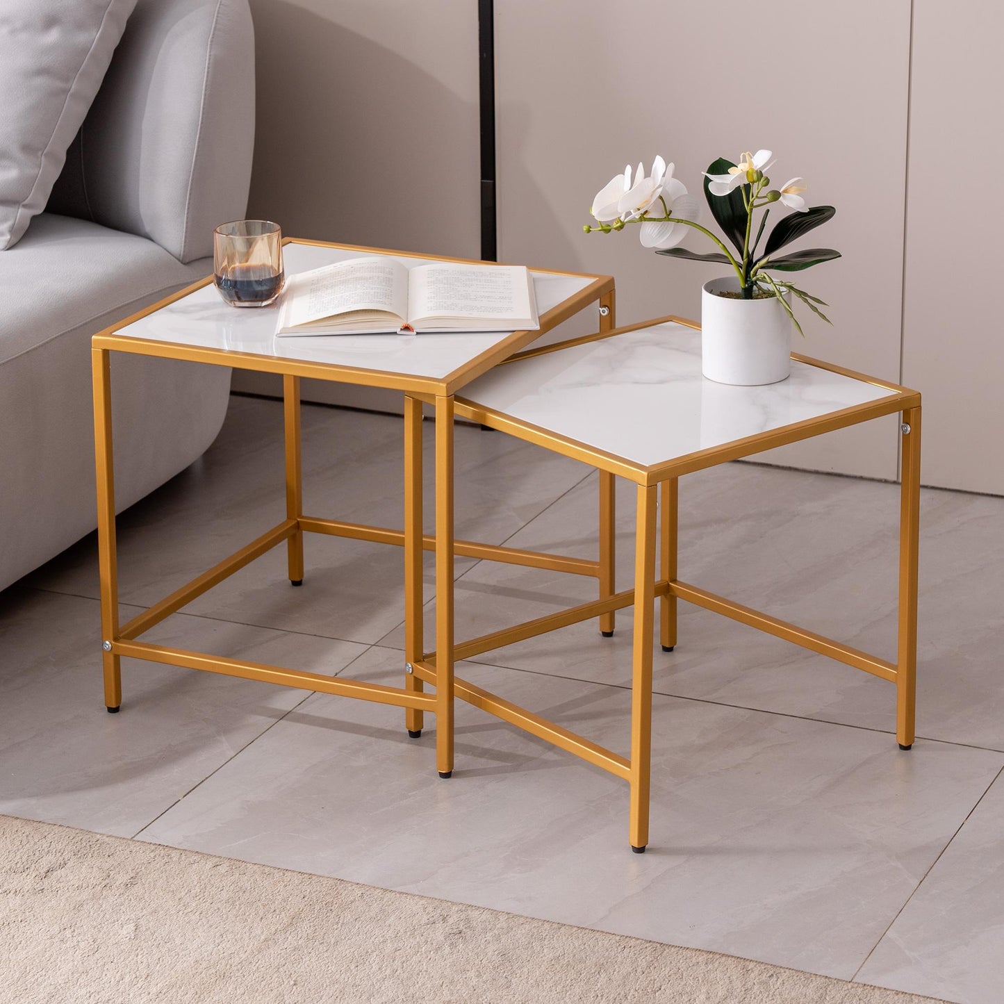 Nesting End/Side Table，Night Stand 2-Piece Set,Square Sintered stone Top with Golden Metal Frame