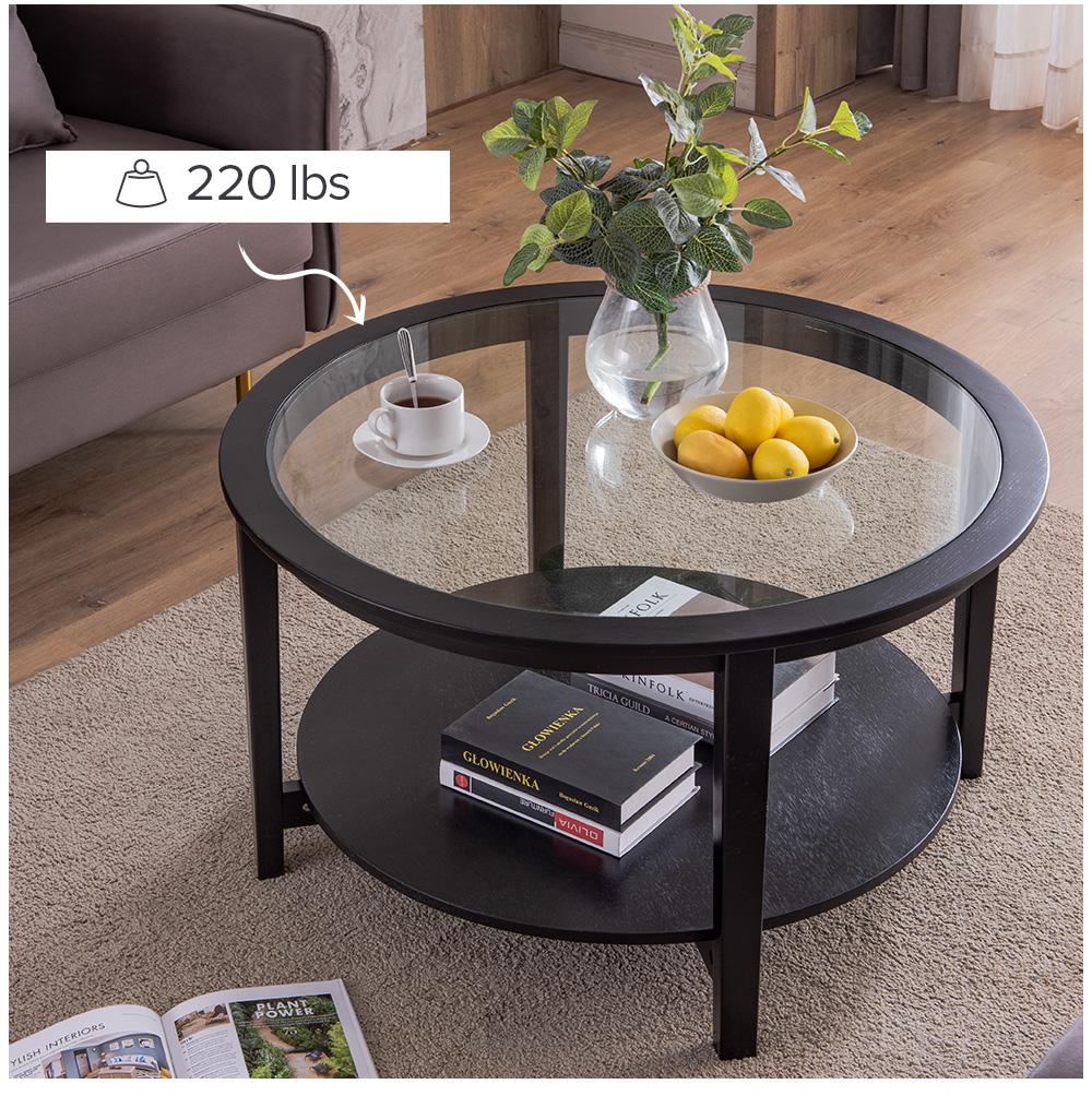 Modern Solid wood round coffee table with tempered glass top black color-36"