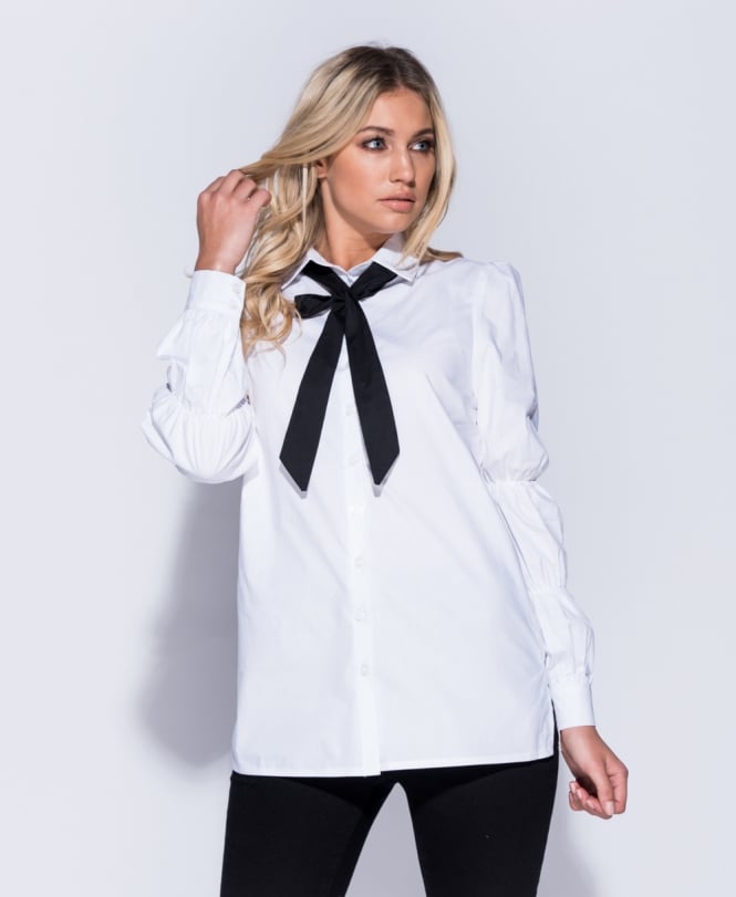 AvaMalis white shift long sleeve black bow shirt